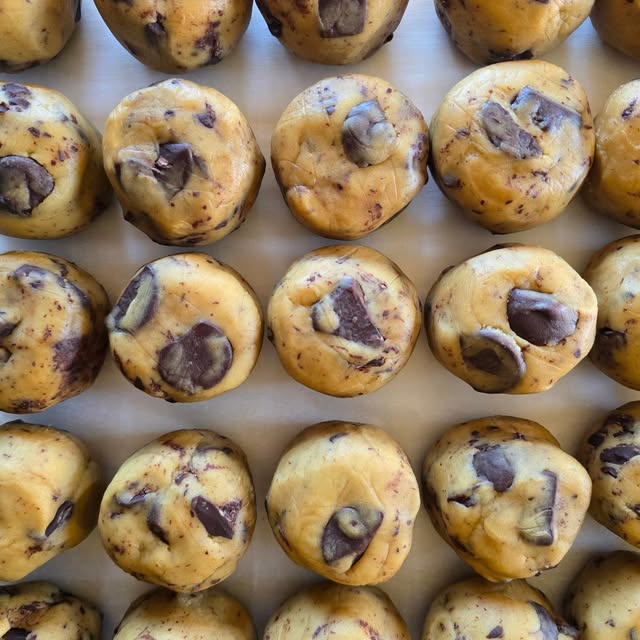 Chocolate chip cookie dough ready to bake