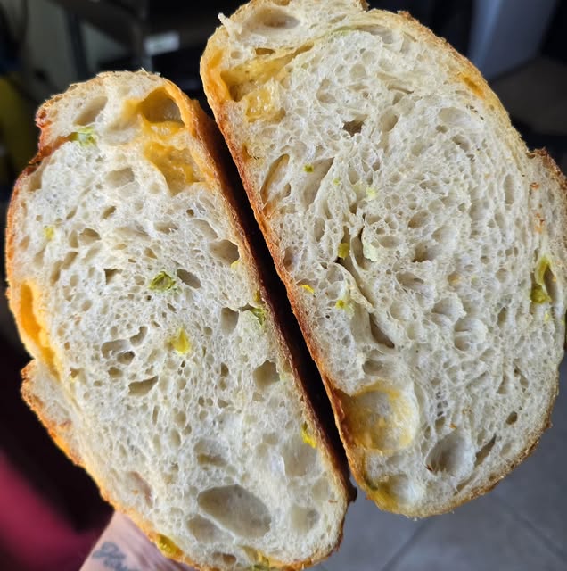 The crumb of a jalapeño cheddar sourdough